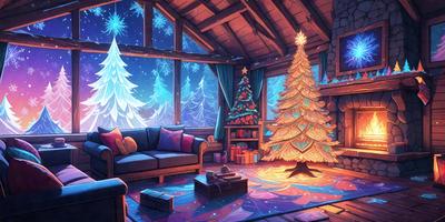The primary subject of the image is a cozy living room with a Christmas tree in the corner. The setting is a warm and inviting space, likely during the holiday season. The visual style is a combination of digital art and illustration, creating a festive atmosphere. The colors and mood are predominantly warm and festive, with the Christmas tree being the central focus of the scene.